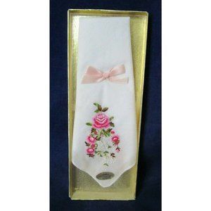 Vintage Ladies Red Pink Rose Flower Embroidered Single Handkerchief IOP Unused